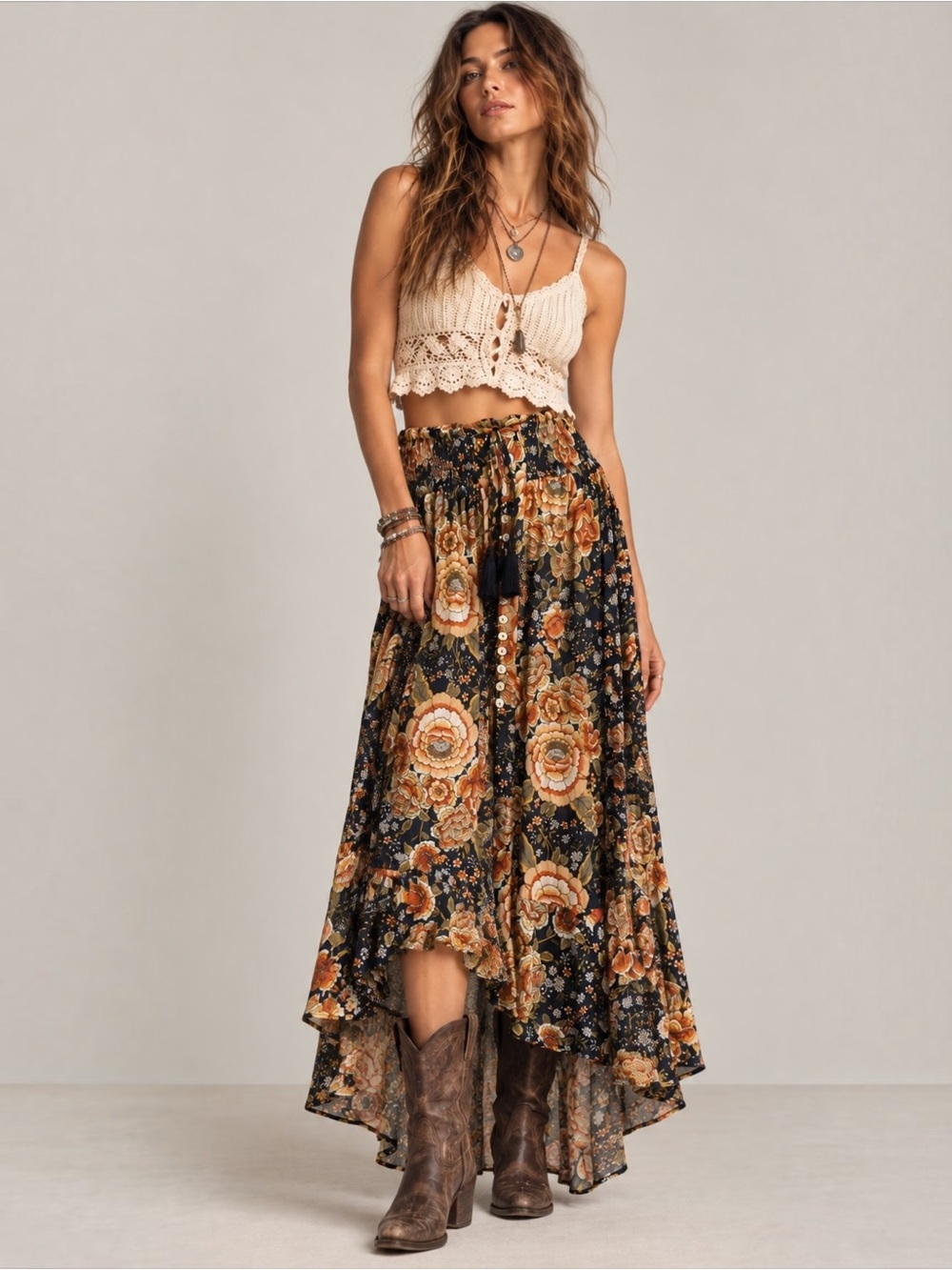 Rachel Zoe Floral Maxi Skirt S Navy High Low Tiered Boho Romantic Whimsigoth